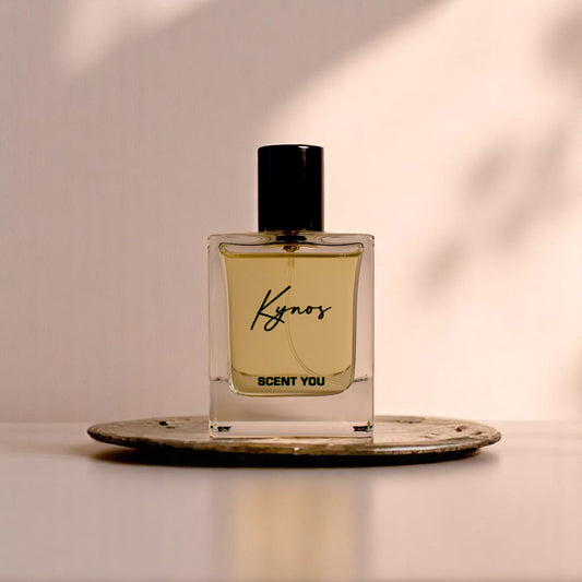 A glass bottle of Kyros fragrance by Xerjoff, with a black cap and label reading 'Kyros SCENT YOU'. The bottle is placed on a flat surface with a shadow cast across the scene.